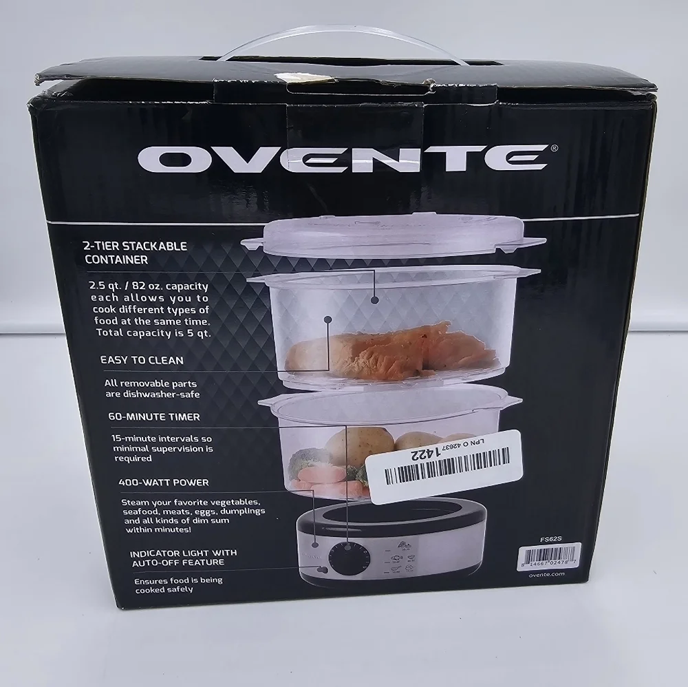 Electric Food Steamer Stainless Steel 2-Tier 5 Quart 400W Silver New in Box